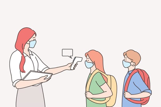 Measuring temperature in school during pandemic concept. Teacher woman using electronic thermometer for measuring body temperature of pupils coming to school illustration