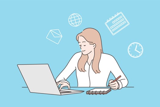 Multitasking, time management and productivity concept. Happy young business woman with multitasking skills sitting at laptop and working online in office vector illustration