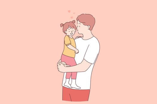 Happy father and daughter concept. Young positive father cartoon character holding little daughter on hands and kissing her with love and tender vector illustration