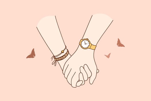 Holding hands, love, togetherness concept. Close-up of couples hands holding each other during walk feeling love and tenderness illustration