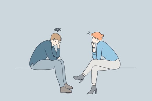 Psychiatrist, psychological support, depression concept. Young depressed unhappy man patient cartoon character sitting and communicating with woman psychologist during visit in clinic