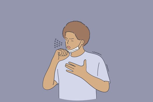 Influenza, fever, flu concept. Young black man coughing and feeling cold, coronavirus, getting infection virus during wearing medical protective mask outdoors.