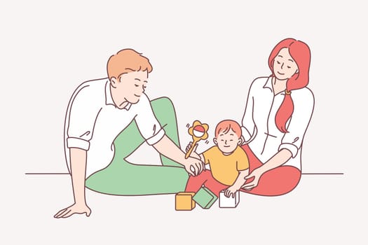 Happy family with child, parenthood, childhood concept. Young smiling Parents father and mother Sitting On Floor at home and playing with little boy baby son together factor illustration