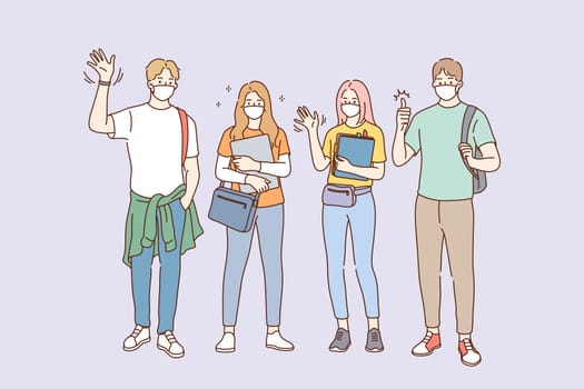 Individual protection from COVID-19 pandemic concept. Group of Students in medical masks standing together, wearing face protective mask against coronavirus infection vector illustration