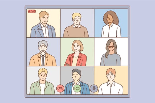 Online conference, live streaming of multiethnic group concept. Group of people business parters having distant online meeting conference on laptop screen during videocall together illustration