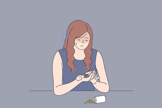 Depression, stress, grief concept. Young upset woman cartoon character sitting with pills and medical drugs and suffering from fatal disease vector illustration