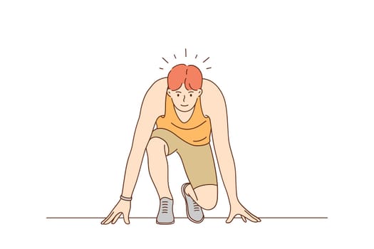 Sport, running, competition concept. Young man athlete sportsman sitting on start and ready to start running vector illustration. Competitive games and feeling energetic and powerful