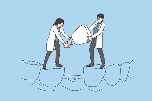Dental care, orthodontist, tooth implant concept. Young man and woman doctors dentists carrying huge implant tooth in patient open mouth together vector illustration