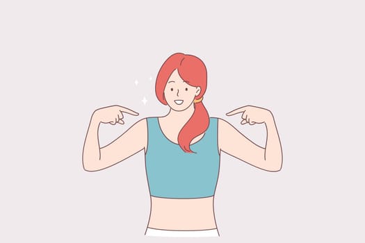 Fitness, sport healthy lifestyle and shape concept. Young smiling beautiful sporty woman cartoon character wearing sportswear looking confident pointing on herself with fingers feeling proud happy