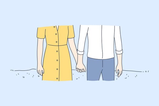 Holding hands, dating, couple togetherness concept. Young loving happy couple cartoon characters standing and holding hands outdoors during walk feeling love and tenderness illustration