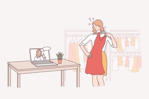 Online stylist, fashion consultation, choosing best apparel concept. Woman personal stylist consulting client online and demonstrating clothes to customer on laptop from studio illustration