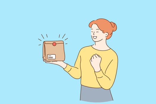 Positive emotions from delivery concept. Young smiling woman cartoon character holding takeaway paper bag parcel delivered to home and feeling happy celebrating victory and success vector illustration