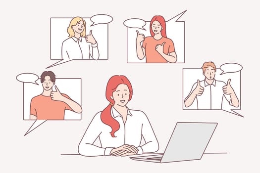 Efficiency in work, colleagues support, success in career concept. Successful young woman office worker feeling fine with colleagues partners supporting her vector illustration