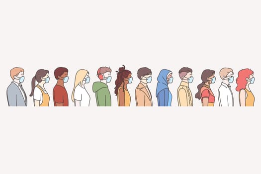 Coronavirus pandemic and individual protection concept. Group of young men and women of different races wearing medical masks to prevent virus, disease, air pollution, infection in line
