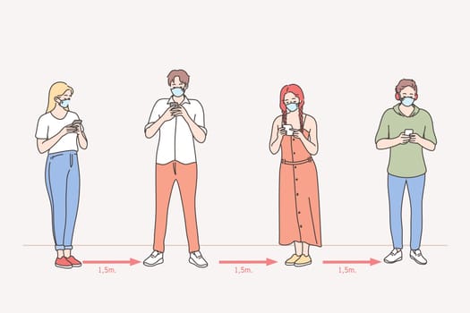Online chat, social distance, people during COVID-19 pandemic concept. Young people wearing protection medical face mask using mobile phone keeping social distance outdoors