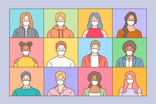 Wearing medical protective masks against virus concept. Group of people different ages and ethnicity wearing medical disposable and fabric breathing protective medical masks outdoors illustration