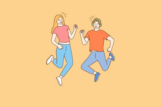 Jumping teens, happiness, having fun concept. Happy boy and girl brother sister or friends jumping together and having fun. Summertime fun leisure activity at weekend holiday illustration