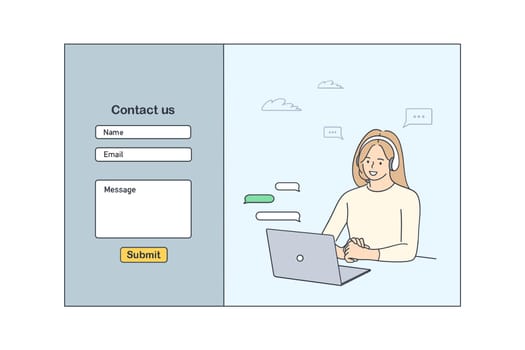 Contact us template form for web design concept. Young smiling woman customer service operator communicating with client at laptop. Helpdesk and customer support