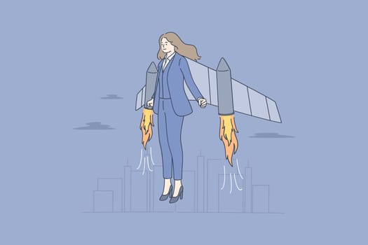Businesswoman, successful career, launching project concept. Businesswoman cartoon character with jetpack feeling ready to start meaning successful ideas project and business launching
