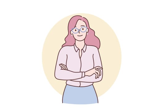 Wearing glasses and image concept. Young smiling positive girl cartoon character standing wearing glasses looking at camera with hands crossed vector illustration