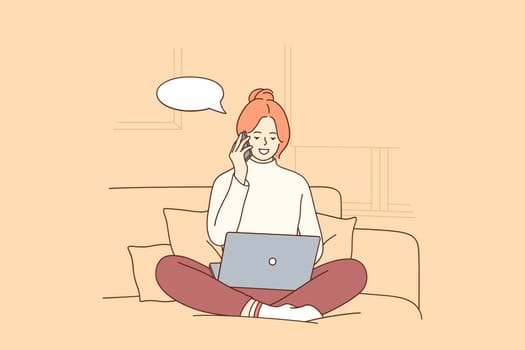 Freelance, online working, distant job concept. Positive girl cartoon character sitting with phone and laptop and working from home like freelancer or student studying from home vector illustration