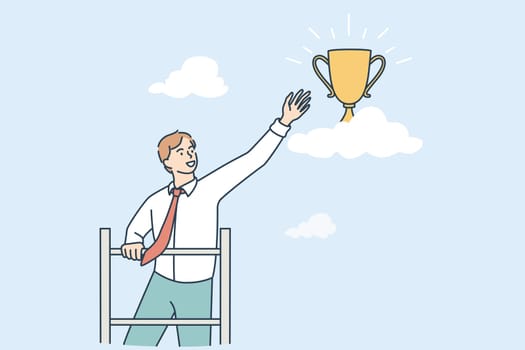 Opportunities and business success concept. Young smiling businessman cartoon character standing reaching for golden trophy flying in air vector illustration