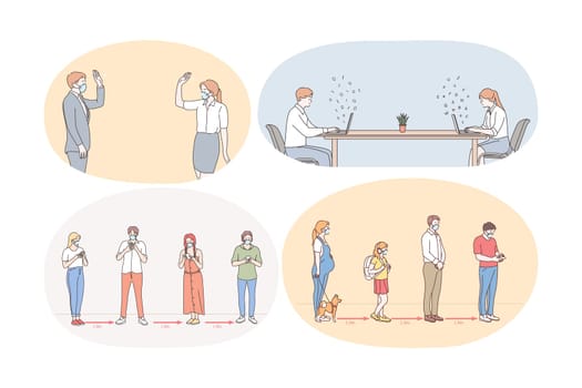 Social Distance, working and living during COVID-19 pandemic concept. People workers, business partners, customers and people in line keeping social distance during Pandemic of Covid 19 infection
