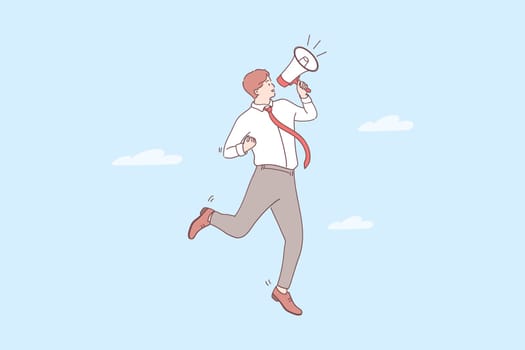 Promotion, announcement, attention concept. Young positive businessman cartoon character standing and making announcement with speaker megaphone for attention vector illustration