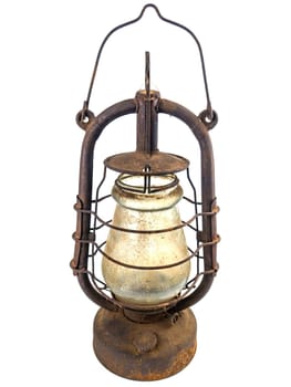 Old rusty kerosene lamp on a white background. Lighting equipment. Roofing lamp. Retro style. White background. Background image. Place for text.