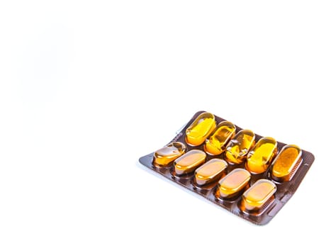 Medical medicine in pills on a white background. Pharmacy drugs in tablets. Pharmacology. Medical medicine in capsules. Pharmacy capsules for human treatment. Place for your text. Drugs in pills.