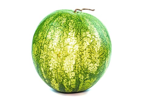 Green striped watermelon on a white background. Watermelon berry. Food photo. Sweet food. Harvesting. Vegetarian food. Background image. Place for your text.