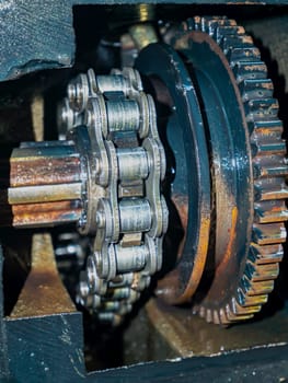 Gears and chain of the rotating shaft of the vehicle. Car gears. Engine. Car repair. Mechanism lubricating oil. Agricultural tractor. Freight transport. Motoblock. Gearbox. Rotating part.