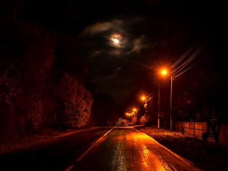 The night country road is illuminated by electric lamps. Road markings. Highway lighting. Roadside lighting poles. Moon in the night sky. Movement of vehicles at night. Route without transport.