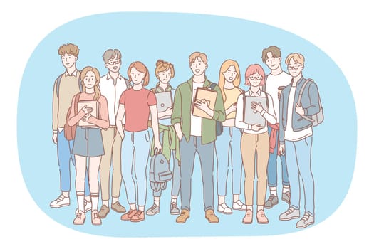 Students, classmates, group of teenagers concept. Group of happy smiling young people friends teens standing with books and backpacks together outdoors. Education, college, pupils illustration