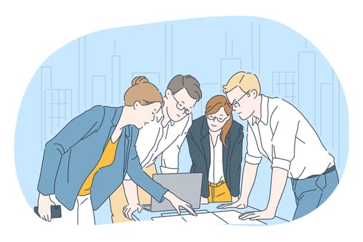 Teamwork, brainstorming, business communication about startup concept. Group of young business people coworkers cartoon characters standing discussing project in office with laptop and documents