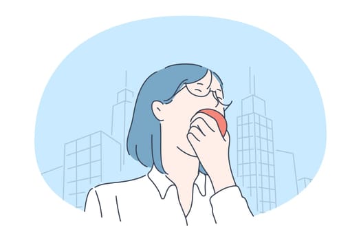 Healthy food, clean eating, vegetarian diet concept. Young woman office worker standing and eating fresh red apple during lunch time. Wellness, bodycare, healthy lifestyle illustration