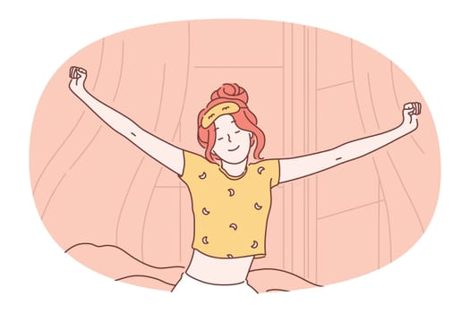 Morning waking up concept. Young smiling happy girl cartoon character sitting with stretched arms on bed and trying to awake herself after dog sleep at night. Healthy sleep and lifestyle illustration