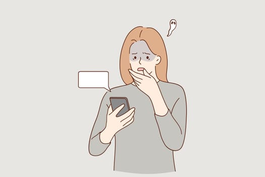 Frustration, broken phone, problems in communication concept. Worried concerned girl cartoon character looking at her phone screen cracked and shattered to pieces or feeling bad with message