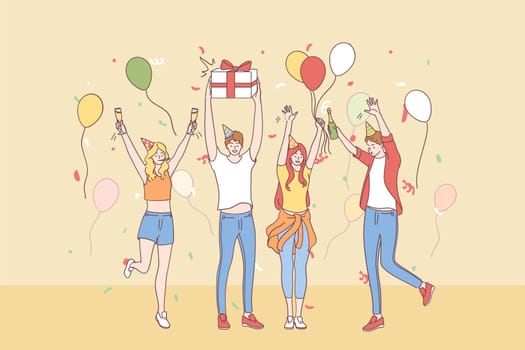 Celebrating, party, birthday concept. Group of happy young people friends cartoon characters in festive hats raising hands celebrating holiday with confetti, champagne and present boxes together