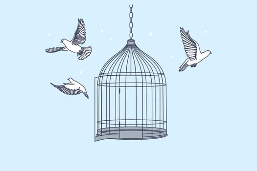 New opportunities, freedom, mental development concept. Open cage with flying from inside doves birds meaning getting freedom of mind and body illustration