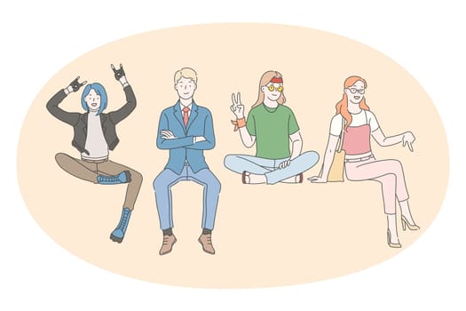 People diversity concept. Group of young businessman, punk woman, hippie and smiling lady cartoon characters sitting together and showing gestures vector illustration