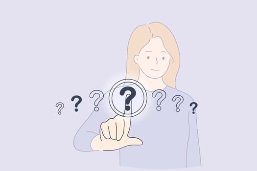 Question mark button concept. Young woman standing and choosing one of question marks touching with finger on screen vector illustration