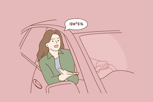 Quarrelling and negative emotions of car driver concept. Young angry woman driver cartoon character feeling dissatisfied and screaming on somebody from cars cabin window