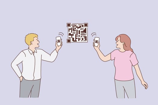 Scanning QR codes with phone concept. Young couple man and woman standing holding smartphones and scanning QR codes on picture together online vector illustration