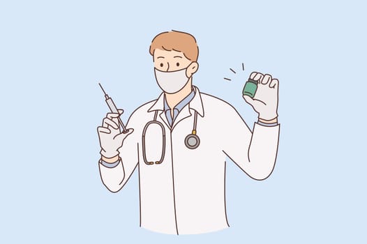 Vaccination, doctor and medicine concept. Young smiling man doctor in medical mask and uniform standing holding syringe ready to make injection vector illustration