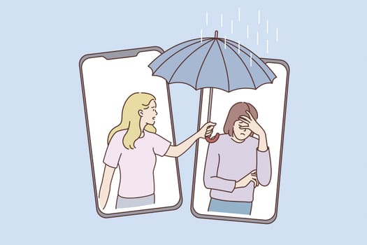 Internet communication and smartphones concept. Young smiling girl helping and giving umbrella to sad girl from smartphone screen online vector illustration