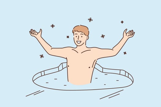 Healthy lifestyle challenge, sport activity concept. Smiling young man swimming in ice hole during winter taking part in Orthodox Church Holy Epiphany Day vector illustration