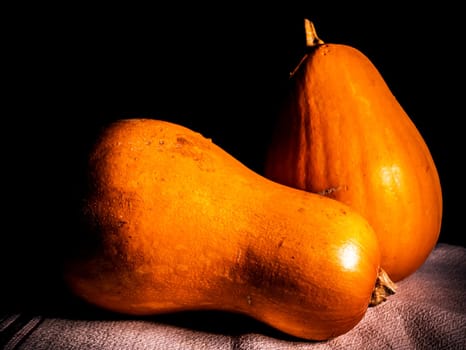 Orange pumpkin vegetable on a black background. Harvest vegetables. Halloween orange pumpkin. Halloween holiday. Agriculture. Background image. Food photo.