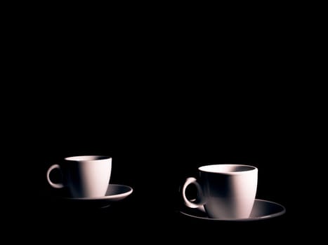 White ceramic coffee cup with saucer on a black background. Coffee cup and saucer. White ceramic dishes. Hot drinks. Kitchenware. Preparing a hot drink. Hot tea. Background image. Poster. Showcase.