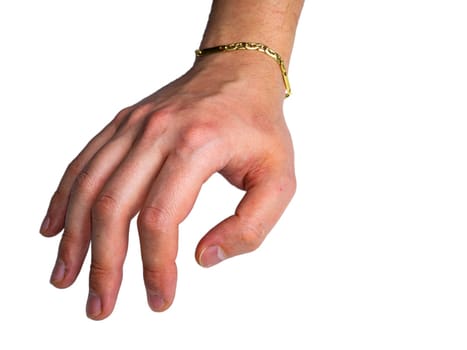 Male hand with a gold bracelet on a white background. Human hand. A gold bracelet. White background. Human brush. A precious metal. The decoration is golden. Jewelry. Background image.